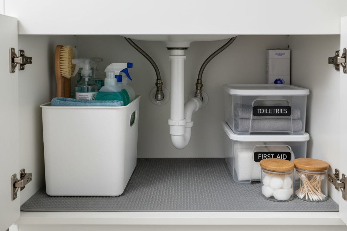 Bathroom under-sink cabinet with plumbing visible, cleaning supplies stored in an upright caddy, labeled bins, waterproof mat on cabinet floor, realistic home organization photo