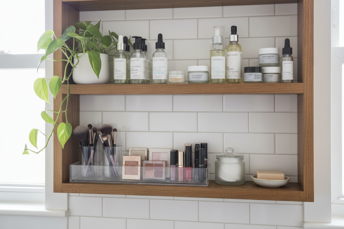 Quick tip: place a thin tray or waterproof mat under the pipes to catch drips and make leaks obvious early.
Wherever You Store Perishable Items (Skincare, Meds, Makeup)
Makeup and skincare have shelf lives. Those jarred creams, serums, and prescription meds left in drawers, cabinets, or closets can become contaminated or ineffective — and pros say annual edits are non-negotiable. Toss anything past its expiry and wipe down the shelves while you’re at it.
How to handle it: create a “use-by” habit: when you open a new product, write the open-date on the package with a Sharpie or use a small sticker. Once a year, do an expiry sweep — medications, eye drops, mascara, and anything that changes smell or texture goes first.
Quick tip: move daily-use products to a single, easy-to-reach shelf; store backups in a separate bin labeled “backups” so you don’t rotate the wrong item into everyday use.