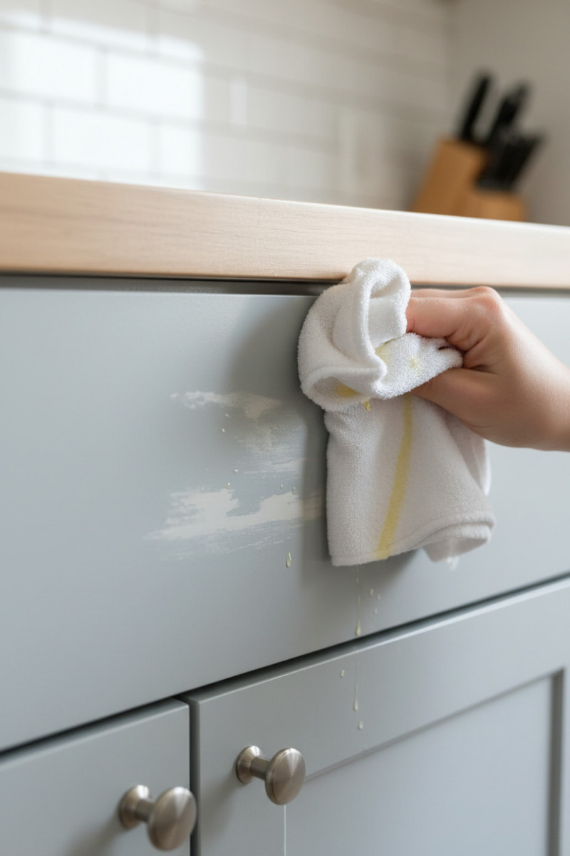 A close-up of a painted kitchen cabinet surface being wiped with a cloth soaked in lemon juice, visible dull and faded patches appearing on the paint, contrast between glossy original paint and damaged matte spots, soft natural lighting, realistic home setting, modern kitchen background slightly blurred, high detail texture, before-and-after effect, clean aesthetic, Pinterest style, 4k, ultra realistic